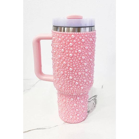 40 oz Pink Pearl Studded Stainless Steel Tumbler with Handle - Picture 4 of 4